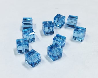 4mm Cube Aquamarine SWAROVSKI® Crystal Beads #5601. Packages of 10. Light blue genuine Austrian crystal. March Birthstone