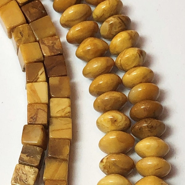 Yellow Jasper Beads available in two shapes: 4mm cube and 6mm rondelle.  Mustard yellow and brown jasper.