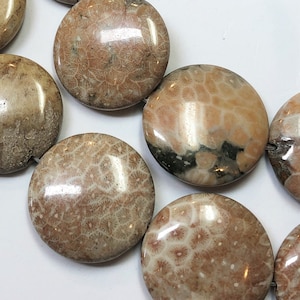 30mm Coin Fossilized Coral Beads. Full 15&quot; strand of A grade beads, 13 beads per strand. Tan, brown, yellow and orange fossil coral.