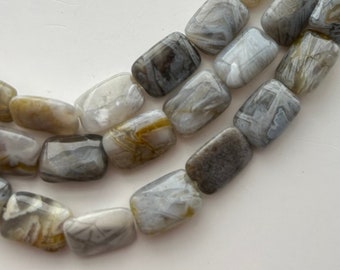 10x14mm Grey Fossilized Bamboo gemstone beads. 15” strand of patterned rectangles, 29 beads per strand.  Bamboo Agate. Bamboo leaf Agate.