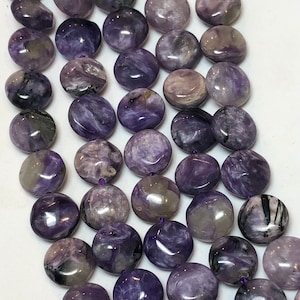 8mm Coin Russian Charoite gemstone beads. Full 15&quot; strand of purple coin beads, approx. 50 beads per strand.