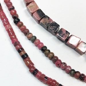 Russian Pink and Black Rhodonite Gemstone Beads. Full 15" strand of beads, available in 4mm heishi, 4mm rondelle and 6mm cube.