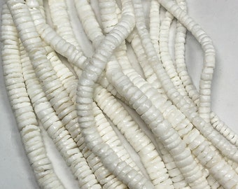 White Clam Shell Heishi Beads. Long 24" strands of heishi shell, available in 3-4mm, 5-6mm & 7-8mm diameter. Hand-made in the Philippines.