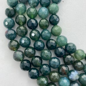 8mm Faceted Moss Agate Gemstone Beads. 15” strand of faceted beads, about 48 per strand. Green Dendritic gems.
