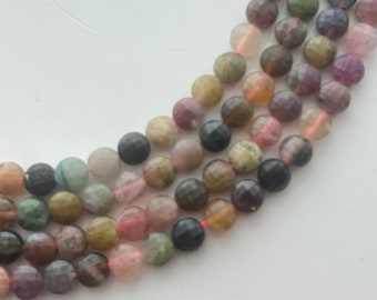 6mm faceted coin Watermelon Tourmaline gemstone beads.  15" strand of high quality, mixed Tourmaline beads, approximately 69 per strand.