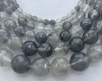 Faceted Round Natural Cloudy Crystal Quartz Gemstone Beads.  4-12mm round beads on full 15" strand.