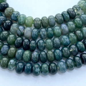 8mm rondelle Moss Agate gemstone beads. 15” strand of rondelle beads, approx. 76 beads per strand.