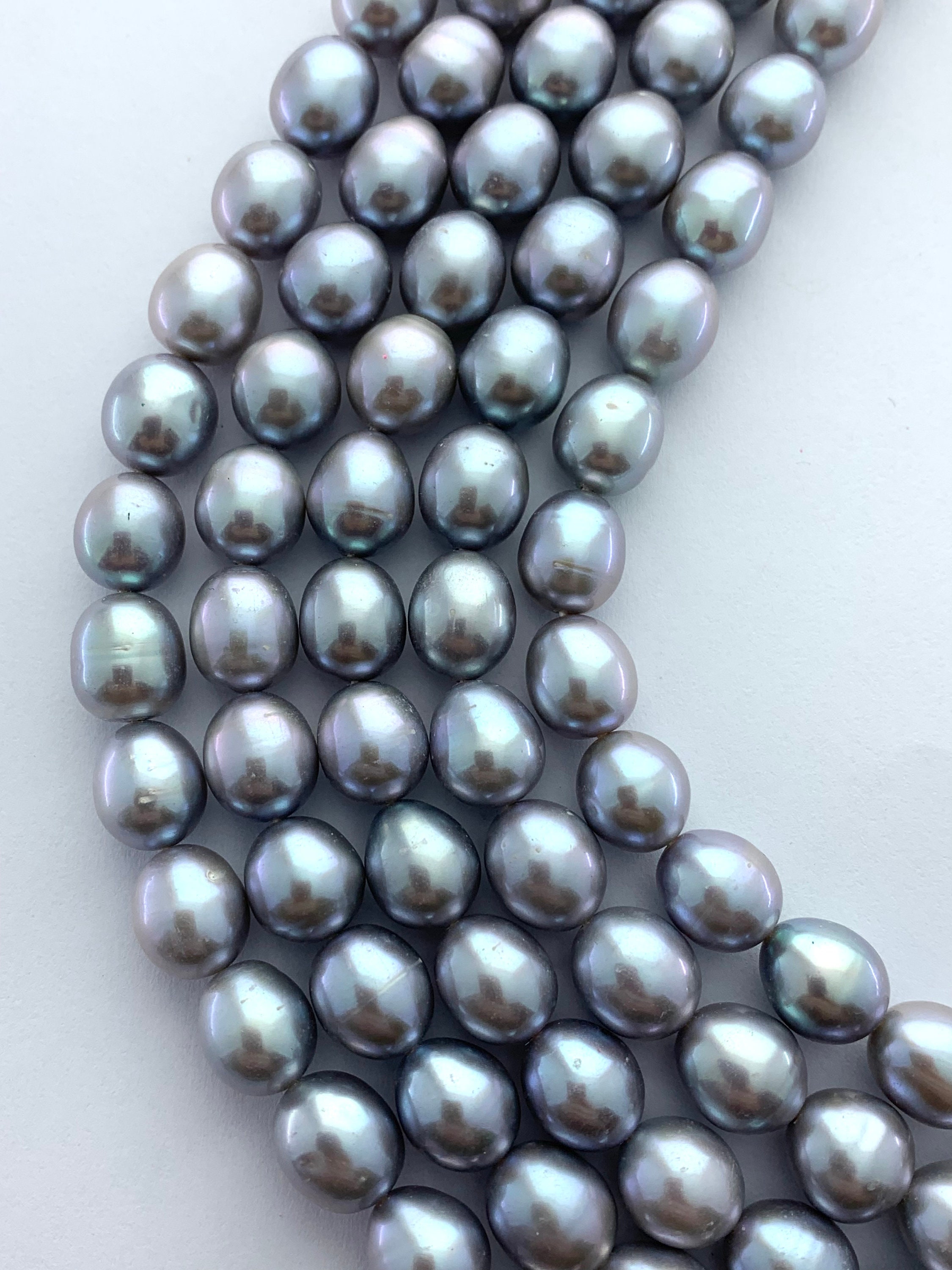 Grey 9-10mm Rice Fresh Water Pearl Gemstone Beads. Full 15.5” Strand of ...