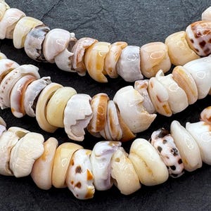 May include: Close-up of three strands of shell beads. The beads are a mix of white, tan, and brown, with a natural, organic shape. The shells are strung together, creating a necklace or bracelet.