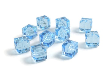 8mm Cube Aquamarine SWAROVSKI® Crystal Beads #5601 - Package of 10 - Light Blue colored genuine crystal bead. Discounted Prices!