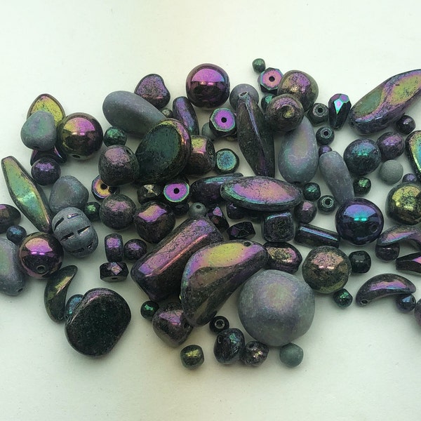 Dark Purple Iris Czech Glass Bead Assortment. 50 gram mix of Czech glass in varies shapes in sizes.