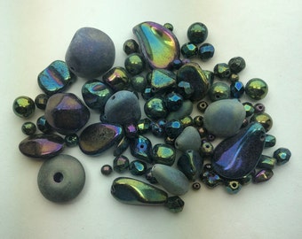 Dark Green Iris Czech Glass Bead Assortment. 50 gram mix of Czech glass in varies shapes in sizes.