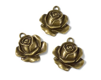 3 pieces Antique Brass/Bronze Large Rose Pendant. 3 dimensional rose charm. Steampunk flower, accessories for cosplay.