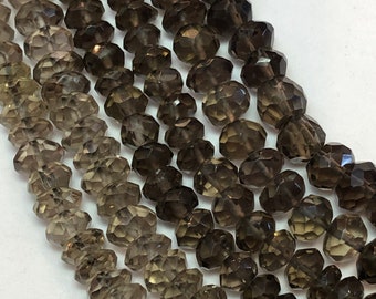 Smokey Quartz faceted rondelle gemstone beads. Full 15" strand of 6-7mm faceted rondelle smokey quartz. Transparent grey/brown Quartz.