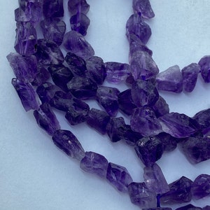 Raw Free Form Purple Amethyst Gemstone Beads. 15&quot; strand of 7-8mm raw Amethyst beads, approx. 55-60 crystals per strand.