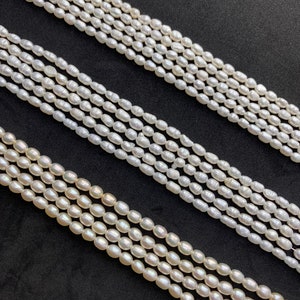 White or Cream 4-5mm and 5-6mm Rice Fresh water Pearl Gemstone beads. Full 15.5” strand of rice shaped pearls.