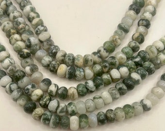 5x8mm Rondelle Green and White Tree Agate Gemstone Beads. 15” strand of rondelles, about 75  per strand. Good luck stone.