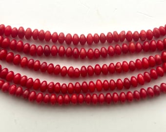 2x4mm rondelle red Bamboo Coral gemstone beads.  15” strand of 4x8mm red beads, approx. 156 per strand.