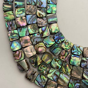 10mm Square Shaped Abalone Shell Beads. Full 15&quot; strand of irridescent abalone beads, 40 beads per strand.