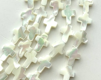 10x14mm Cross White Mother of Pearl beads. 15" strand of high quality cross beads, approx. 30 per strand.