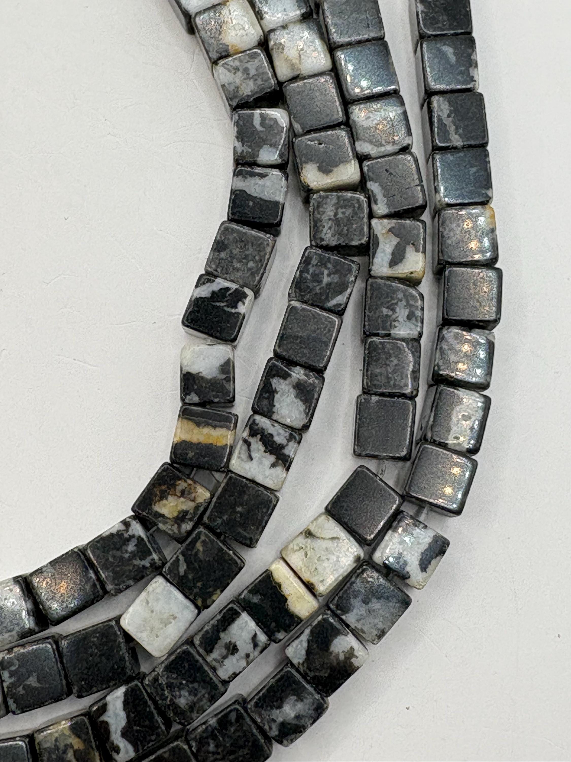 8mm Cube Black and White Zebra Jasper Gemstone Beads. 15” Strand