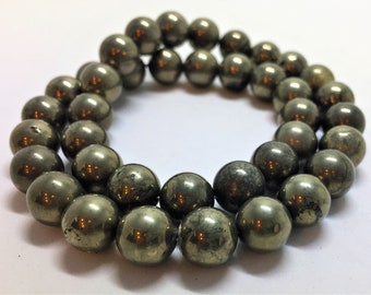 10mm Pyrite Gemstone Beads.  15" strand of high quality beads, roughly 38 beads per strand. Gold Iron Pyrite