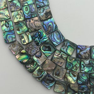 12mm and 14mm Square Shaped Abalone Shell Beads. 15&quot; strand of high quality, iridescent flat square abalone beads.