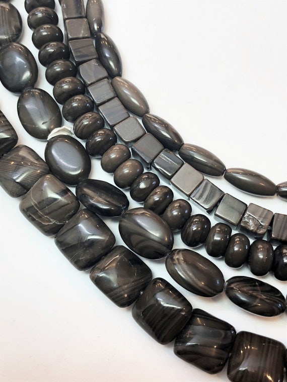 Antique Black Jasper Gemstone Beads. Full 15 Strand of Black and
