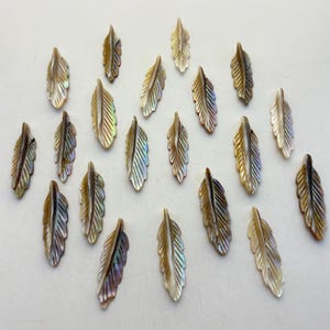May include: Twenty-one iridescent feather-shaped pendants. Each pendant has a detailed feather design with a mix of brown, gold, and iridescent colors. The pendants are arranged on a white surface.