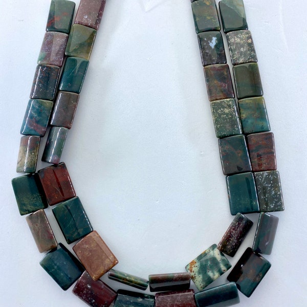 15x20mm rectangle/pillow dark Green Blood Stone Jasper. Full 15" strand of AA/AAA beads in rich green and reds with dabs of yellow and blue.