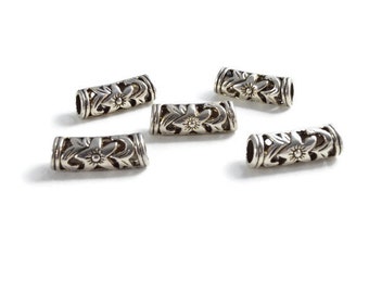 Antique Silver Bali Style Flower Filigree Carved Tube Beads. Set of five. Large hole, 6mm, perfect for leather and multi strand designs