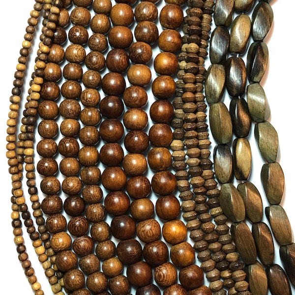 16" strand of Robles Wood Beads.  Natural wood beads made in the Philippines. Mala beads. Organic. Warm medium brown wood beads.