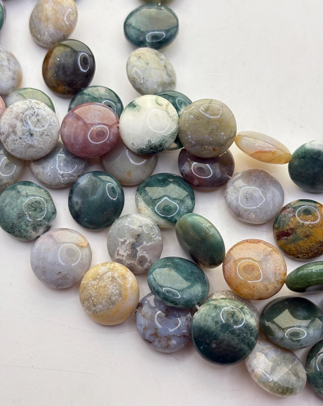 14mm Coin Fancy Jasper Gemstone Beads. 15” Strand of Mixed Colored Coin ...