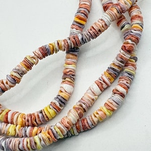 May include: Strands of colorful, flat, disc-shaped beads in shades of red, orange, yellow, white, and purple. The beads are strung together, creating a necklace or bracelet. The beads have a natural, organic appearance.