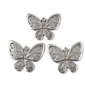 Antique Silver Large Filigree Butterfly Pendant. Sets of 3. Great for kids! Statement focal piece. 2.5 inches, flat butterfly.