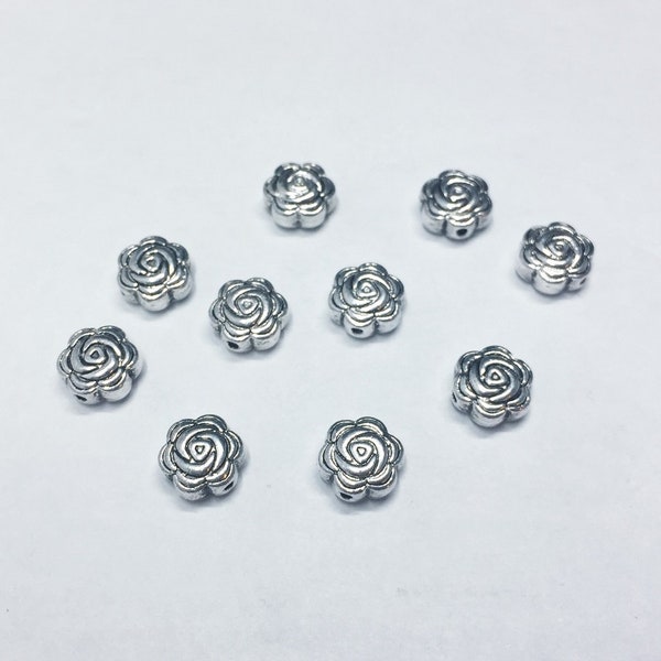 Antique Silver Rose Spacer Bead. Package of 10. 8mm Base metal flat spacer bead. Metal flower bead. Carved Rose. 1mm hole size. Double Sided