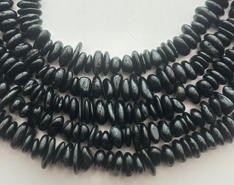 Black Tourmaline gemstone chip beads.  15" strand of thick chip beads, approx. 8-12mm in dia. Irregular slices. Free-form sliced nuggets.