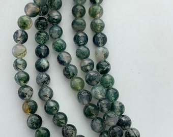6mm Moss Agate Gemstone Beads. 15” strand of AA/AAA grade round beads, about 64 per strand. Green Dendritic gems.