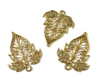 Large Antique Gold Filigree Leaf Charm or Pendant. Sets of 3. Large elven style leaf. 3 inches long. Statement or focal piece. Flat leaf