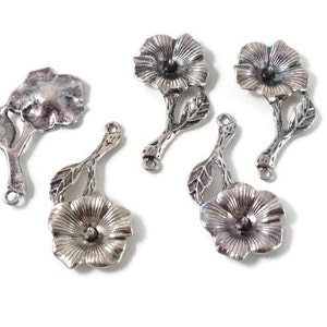 Antique Silver Carved Rose or Flower Pendant. Sets of 5. Hanging flower charm 1.5 inches long. Great charms for earrings or pendants