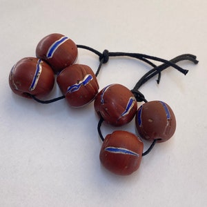 Antique Venetian African Trade KING Beads. Small strands of 3 striped, brick red King beads, approximately 15-16mm dia.