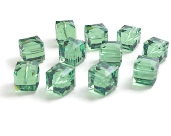 8mm Cube Erinite SWAROVSKI® Crystal Beads #5601.  Package of 10. Green genuine Austrian crystal beads. Discounted prices.