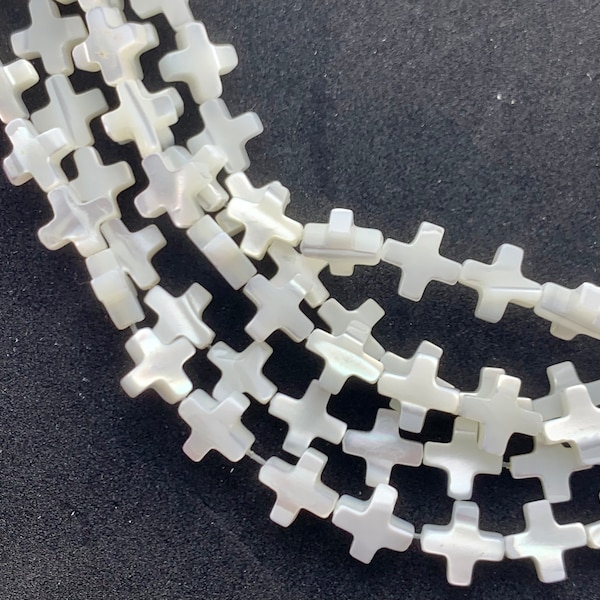 8mm Cross White Mother of Pearl beads. 15" strand of high quality cross beads, approx. 45 beads.