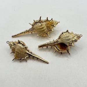 May include: Three gold-colored, spiky sea shells with a natural, textured appearance. Each shell has a pointed end and a small loop for hanging. The shells are arranged on a white surface.