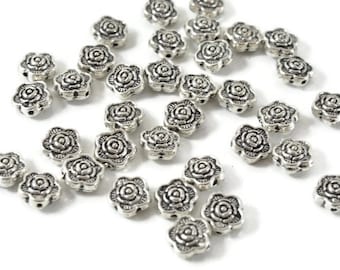 Antique Silver Carved Rose Flower Bead, package of 10. 8mm flat basemetal flower bead. Carved, double sided.