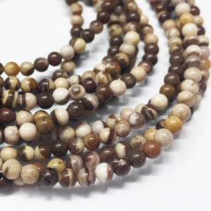 Brown Zebra Jasper Beads. 4mm round beads on 15 inch strand. Full strand of AAA Grade beads, about 90 beads. Peach or beige semi precious