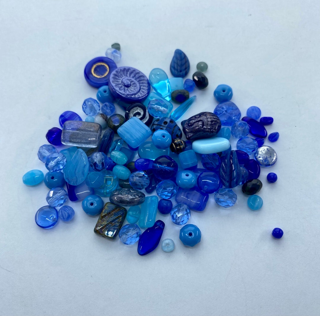 Lot De 100 Perles Anciennes En Verre Tchèque - Forme Berlingot Bleu Rayé - Stock Vintage