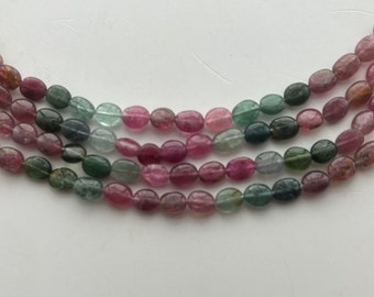 Smooth oval Watermelon Tourmaline gemstone beads. 15" strand of high quality 4x6mm - 5x7mm ovals of mixed Tourmaline beads.