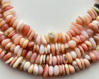 Pink Peruvian Opal large chip beads. 15” strand of 10-14mm soft pink thick sliced chips, approx. 110 beads per strand.