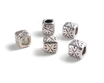 Antique Silver Large Hole Cube Beads. Package of 5 beads. 6mm hole perfect for macrame or leather. European style charm. Pandora Troll style